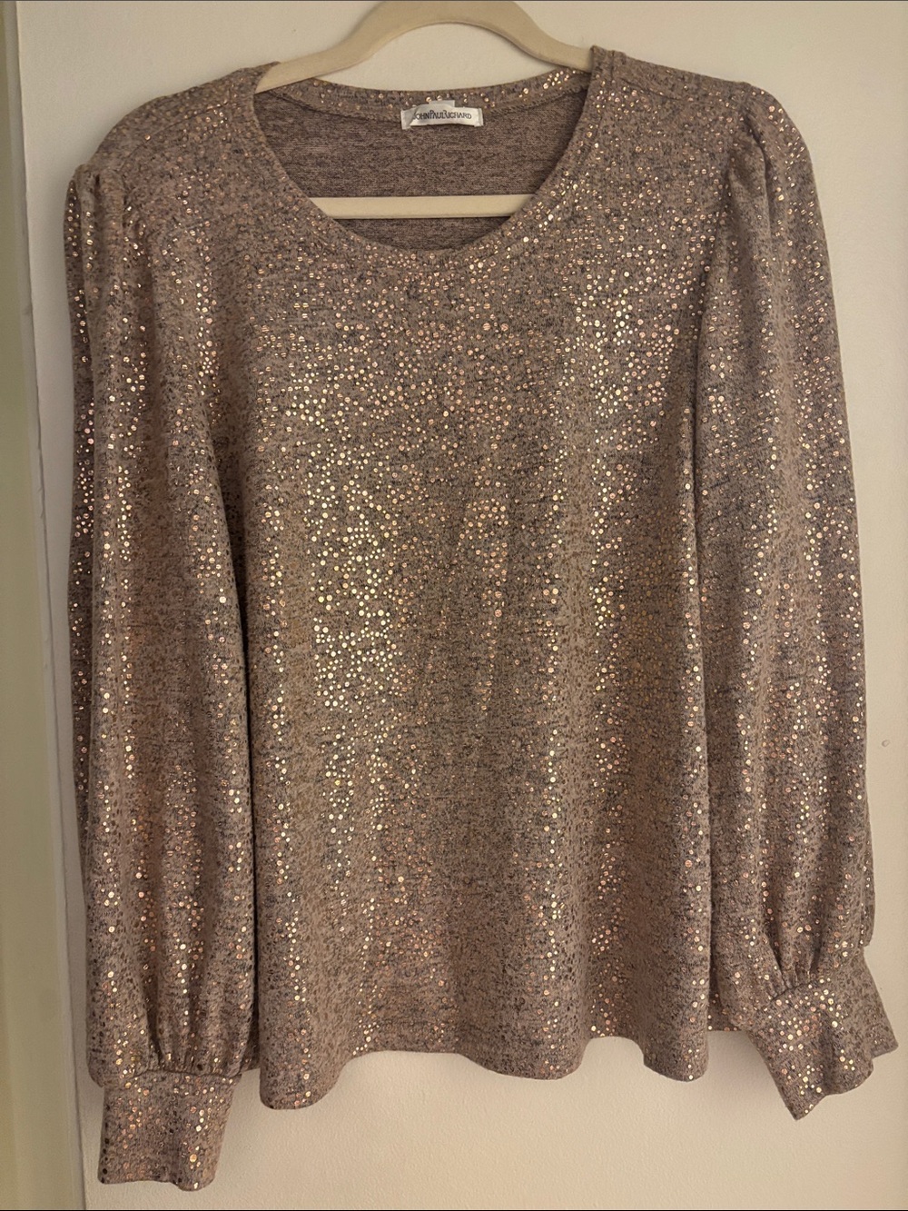 Beautiful Taupe Metallic Sequin three-quarter sleeve top